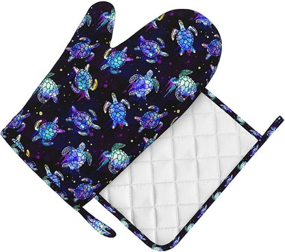 Sea Turtle Oven Mitts and Pot Holders Set - Heat Resistant, Non-Slip Silicone Kitchen Gloves for Cooking, Baking, Grilling, BBQ - Waterproof & Easy Clean Kitchen Accessories