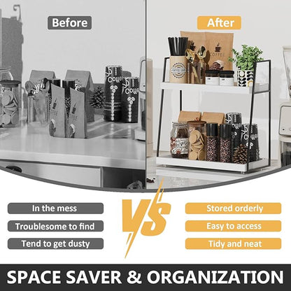 Countertop Coffee Station Organizer, 2 Tier Large Coffee Bar Organizer for Accessories Storage, Stable Metal Wooden Shelf Syrups Holder Condiments Rack - Image 5