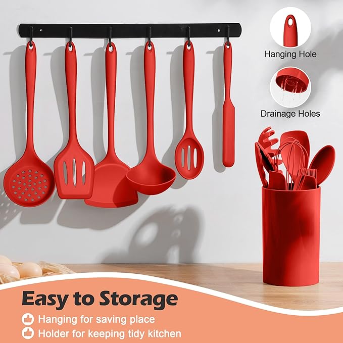 Kitchen Cooking Utensils Set with Holder, Homikit 15-Piece Silicone Spatula Set for Nonstick Cookware, 446°F Heat Resistant Spoon Turner Tong Whisk Brush for Cooking and Baking-Red - Image 4