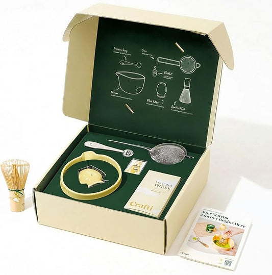 Crafti Matcha Whisk Set | Golden Hour 6-Piece Matcha Kit | Matcha Bowl with Spout, Chasen Bamboo Whisk, Whisk Holder and Whisklet™ Compatible Charms