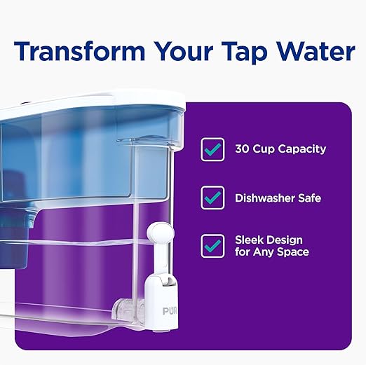 PUR 30-Cup Countertop Water Filter Dispenser, 1 Genuine PUR Filter, 2-in-1 Powerful Filtration, Lasts 2 Months or 40 Gallons, Dishwasher Safe, White/Blue (DS1800Z) - Image 2