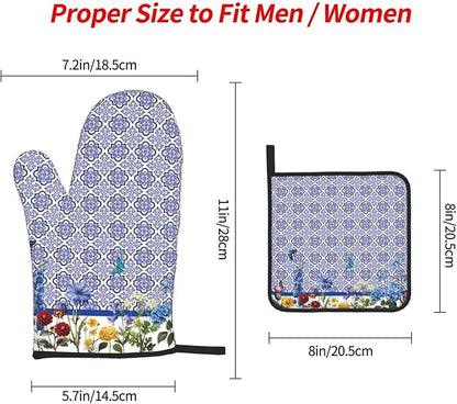 Blue Chinoiserie Oven Mitts Heat Resistant,Cute Floral Pot Holders and Kitchen Mitts, Heat Resistant Non-Slip Baking Golves Hot Pads for Cooking BBQ Grilling,Housewarming Gifts for Women Hostress