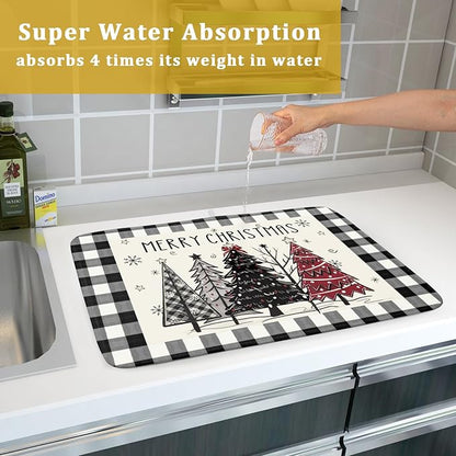 Merry Christmas Tree Dish Drying Mat for Kitchen Counter 18x24 Inch Black Red Grey Xmas Plaid Print Absorbent Reversible Microfiber Drying Mats Kitchen Countertop Protector Dishes Drainer Rack Pad - Image 7