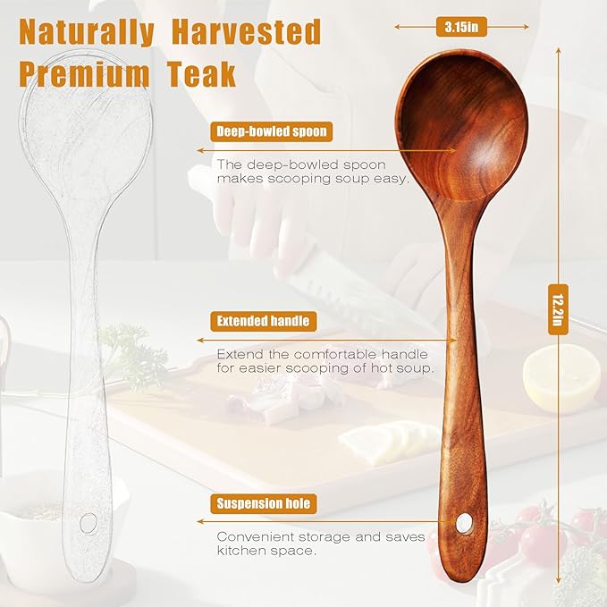 Wooden Spoons for Cooking, 1 Pcs Natural Teak Wooden Cooking Spoons for Non-Stick - Image 2