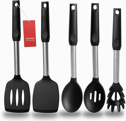 Silicone Spatula and Cooking Spoon,5 Pack Non-Stick Cooking Utensils for Kitchen，Heat Resistant Solid & Slotted Spoons and Spatulas, Stainless Steel Handle Coated with Silicone,Black by VOVOLY