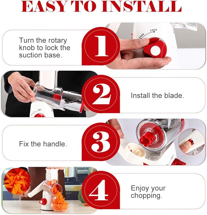 Cambom Rotary Cheese Grater Hand Crank Cheese Shredder for Fresh Cheese, Vegetable, Nuts,Non-slip Suction Base, Free Cleaning Brush Three Blades,Red White - Image 7