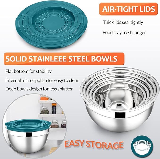 E-far Mixing Bowls with Teal Blue Lids Set of 5, Stainless Steel Mixing Bowls Metal Nesting Bowls with Airtight Covers for Cooking, Baking, Serving, Storage - Size 0.7/1/1.5/3/4.6QT - Dishwasher Safe - Image 3