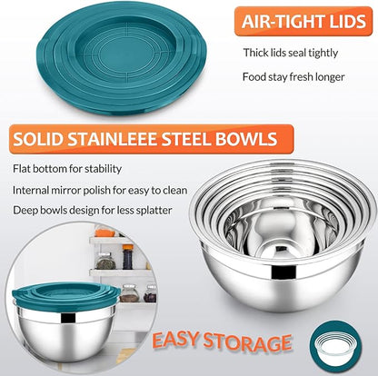 E-far Mixing Bowls with Teal Blue Lids Set of 5, Stainless Steel Mixing Bowls Metal Nesting Bowls with Airtight Covers for Cooking, Baking, Serving, Storage - Size 0.7/1/1.5/3/4.6QT - Dishwasher Safe - Image 3