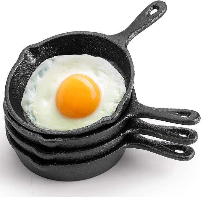 Hiceeden 4 Pack Mini Cast Iron Skillet, 4" Small Frying Pans with Double Drip-Spouts for Stove, Oven, Grill Safe, Indoor and Outdoor Use, Non-stick by Hiceeden