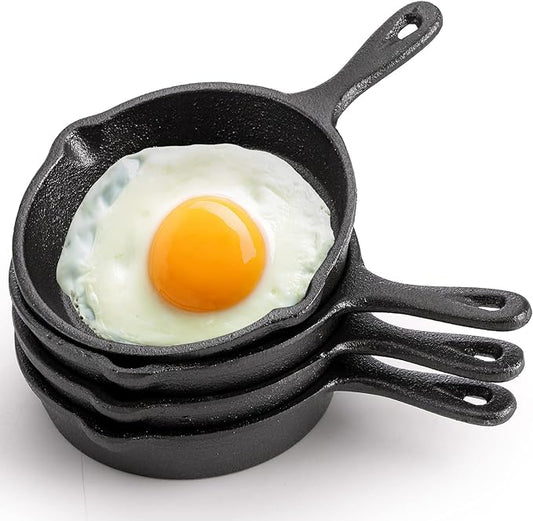 Hiceeden 4 Pack Mini Cast Iron Skillet, 4" Small Frying Pans with Double Drip-Spouts for Stove, Oven, Grill Safe, Indoor and Outdoor Use, Non-stick by Hiceeden