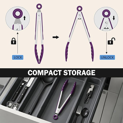 Kitchen Tongs, Stainless Steel Cooking Tongs with Silicone Tips, 600ºF High Heat-Resistant Non Scratch Locking Tongs for Cooking BBQ Grilling Air Fryer Pans, Set of 3 (7" 9" and 12") Purple - Image 7