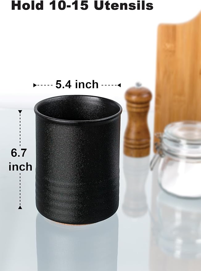 ABRUTY Utensil Holder, 6.7" Ceramic Kitchen Utensil Crock for Countertop Cooking, Modern Utensil Caddy Jar Organizer for Farmhouse Kitchen Counter Décor, Textured Black - Image 2