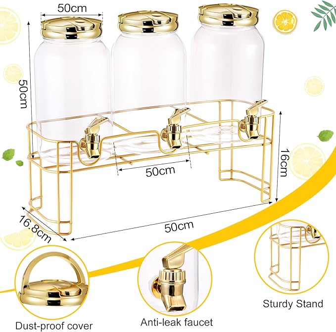 Tanlade 3 Pcs Plastic Drink Dispenser with Stand Beverage Dispenser with Sturdy Metal Base Juice Dispensers for Parties Lemonade Jar Spigot for Weddings Countertop, Each 1 Gallon(Gold)