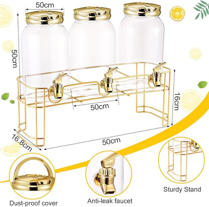 Tanlade 3 Pcs Plastic Drink Dispenser with Stand Beverage Dispenser with Sturdy Metal Base Juice Dispensers for Parties Lemonade Jar Spigot for Weddings Countertop, Each 1 Gallon(Gold)