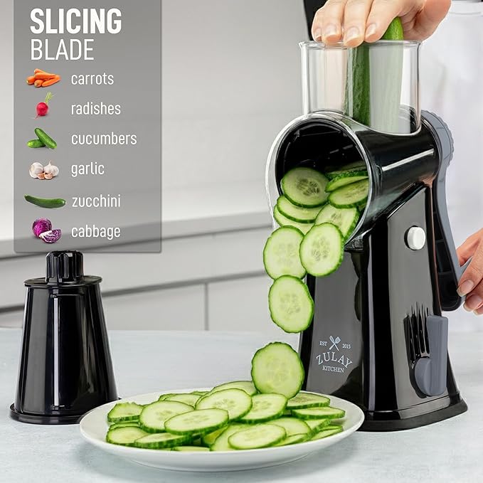 Zulay Kitchen Rotary Cheese Grater 5 Blade Cheese Shredder - Manual Hand Crank Cheese Grater With Reinforced Suction & 5 Interchangeable Drums - Easy to Use, Vegetable Chopper Round Mandoline Slicer - Image 5
