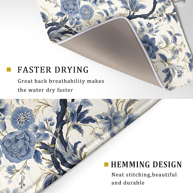 Chinoiserie Trees Dish Drying Mat for Kitchen Counter,Bule Birds Flowers Drying Mat 18 x 24 Inch with Absorbent Reversible Microfiber Drying Pad for Coffee Bar - Image 3