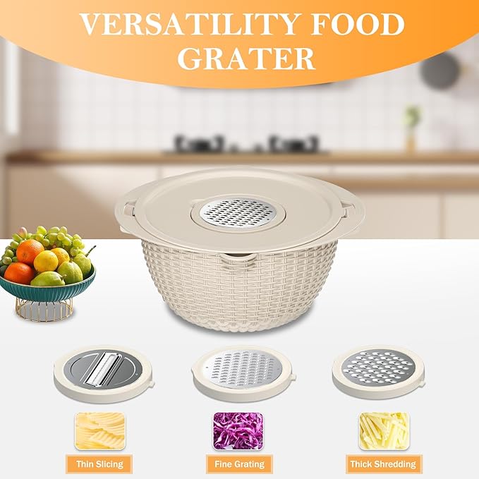 4-1 Colander with Bowl Set, Food Strainers and Colanders, Fruit Washing Bowl with Strainer, Rotatable Colander for Kitchen, Aesthetic Kitchen Gadget, Christmas & New Year Gifts - Beige - Image 2
