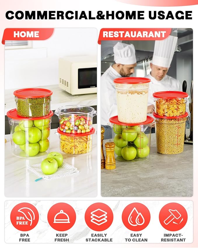 6QT NSF Round Food Storage Containers with Lids: 4 PCS [Total Food Grade][Hot&Cold Resistant] Dough Proofing Container for Pizza, Bread with Measuring Spoons Included(BPA FREE) (RED) - Image 5