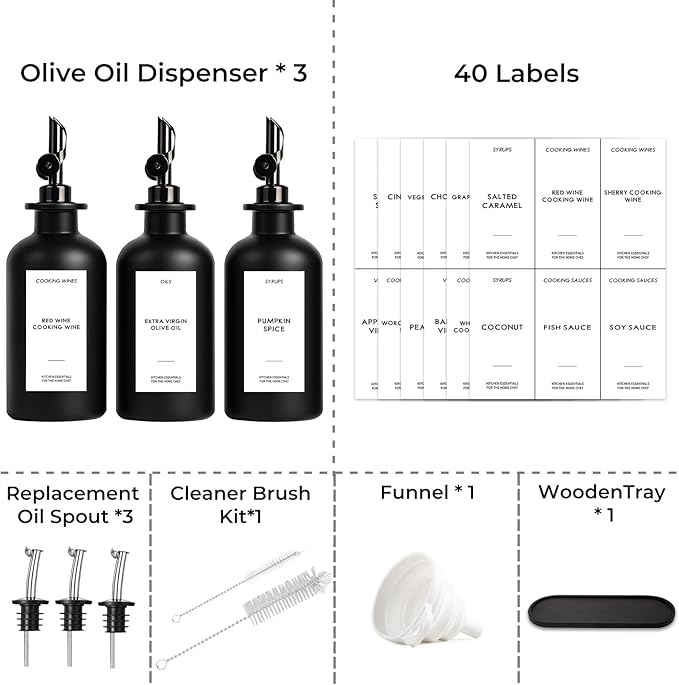 3PCS Olive Oil Dispenser Bottle For Kitchen, Soy Sauce Dispenser, Dark Glass Bottles for Oil and Vinegar Dispenser Set W. Wooden Tray & Labels & 3 Replacement Spouts, Coffee Syrup Dispenser(Black) - Image 4