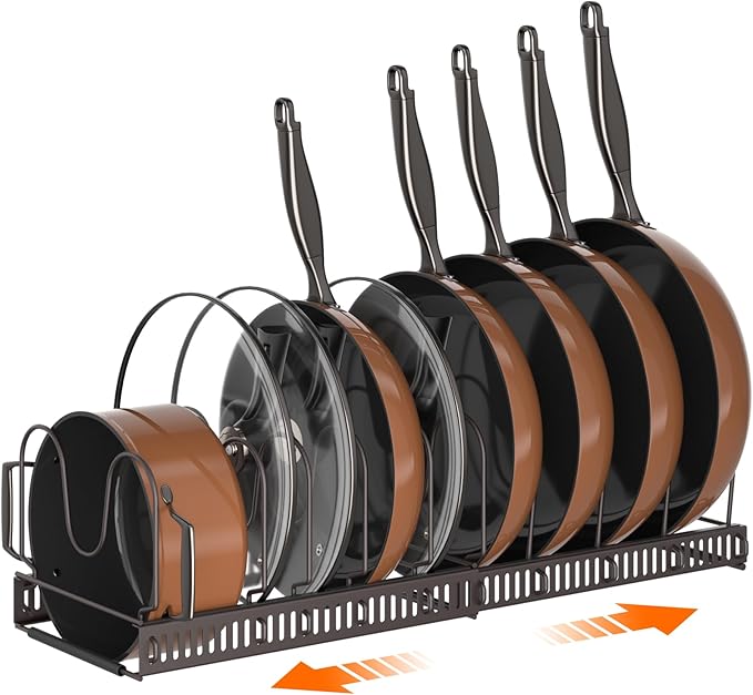 MUDEELA Pots and Pans Organizer Rack for under Cabinet, Expandable Pot Lid Kitchen Cabinet Organizer Holder with 10 Adjustable Compartment Cutting Board Organizer for Pan Lid Cookie Sheet Rack, Bronze by MUDEELA