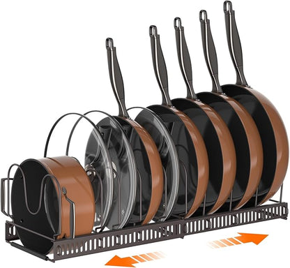 MUDEELA Pots and Pans Organizer Rack for under Cabinet, Expandable Pot Lid Kitchen Cabinet Organizer Holder with 10 Adjustable Compartment Cutting Board Organizer for Pan Lid Cookie Sheet Rack, Bronze by MUDEELA