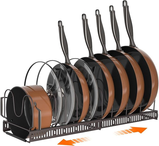 MUDEELA Pots and Pans Organizer Rack for under Cabinet, Expandable Pot Lid Kitchen Cabinet Organizer Holder with 10 Adjustable Compartment Cutting Board Organizer for Pan Lid Cookie Sheet Rack, Bronze by MUDEELA