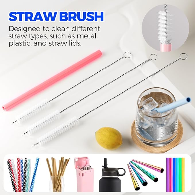 6 Pack Holikme 4 in 1 Cup Lid Cleaning Brush Set with 3 Straws, Multifunctional Bottle Brush, Silicone Cup Lid Gap Cleaner, Durable Bristle Crevice Cleaning Brush, Red - Image 5