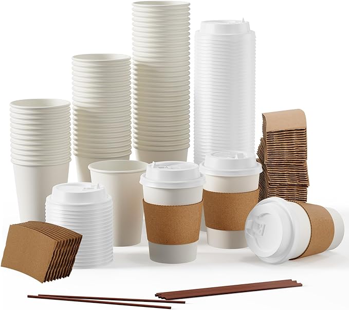 JOLLY PARTY [50 Pack] 12 oz Paper Coffee Cups, Disposable Paper Coffee Cup with Lids, Sleeves, and Stirrers, Hot/Cold Beverage Drinking Cup for Water, Juice or Tea, Suitable for Home, Shops and Cafes by JOLLYPARTY