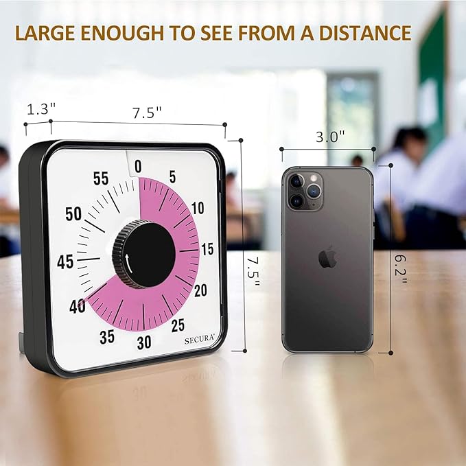 Secura 60-Minute Visual Countdown Timer, 7.5-Inch Oversize Classroom Visual Timer for Kids and Adults, Durable Mechanical Kitchen Timer Clock with Magnetic Backing (Peony Color) - Image 4