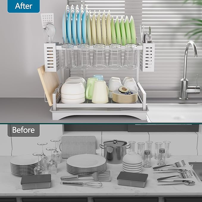 B-Land Dish Drying Rack: 2 Tier Dish Racks for Kitchen Counter - Large Rust Proof Dish Drying Rack with Aluminum - Detachable Dish Drainer Organizer with Utensil Holders Drainboard Silver - Image 5