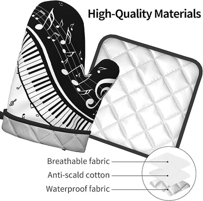 Oven Mitt and Pot Holders Sets - Music Kitchen Mitts Black White Piano Oven Gloves Hot Pads Set of 2 for Cooking BBQ Baking Grilling - Image 4