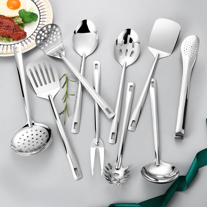 Lazycorner Kitchen Utensils Set, 11pcs Stainless Steel Cooking Utensils Set with Holder – Includes Turners, Potato Masher, Spatula, Spoons, Pasta Server, Tongs, Soup Ladle, Serving Spoon - Image 7