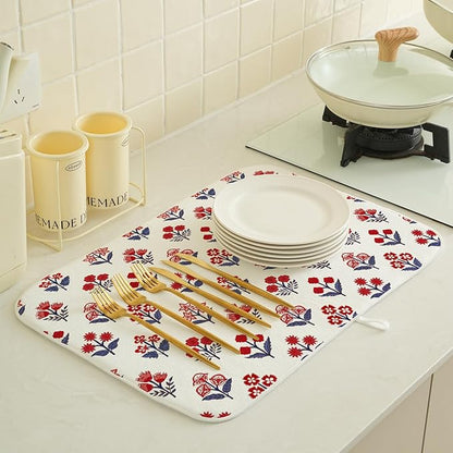 Red Blue Dish Drying Mat 18x24 Inch Vintage Boho Block Print Floral Drying Mat 4th of July Patriotic Flower Seasonal Absorbent Dish Drying Pad Dish Rack Drainer Mats for Kitchen Dining Counter