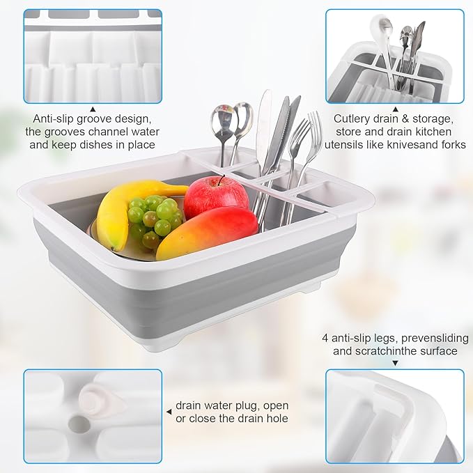 Collapsible Dish Drying Rack with Drain Plug Tube, Portable Dish Drainers for Kitchen Counter, Folding Dish Rack Over Sink Drying Dinnerware,Kitchen Sink Organizer Travel Trailer RV Camping Essentials - Image 4
