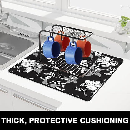 Rnivvi Dish Drying Mat for Kitchen Counter, 16 x 18" Cute Flower Theme Absorbent Heat Resistant Drying Pad with Non-slip Rubber, Coffee Bar Mats for Dish Rack Kitchen Accessories, Black White - Image 2