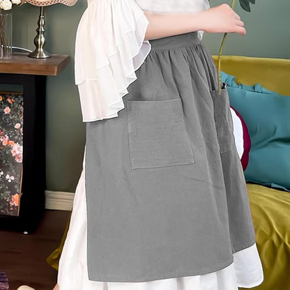 Cotton Linen Half Apron for Women Vintage Waist Apron Ruffle Plain Bright Color for Cooking Painting Artwork