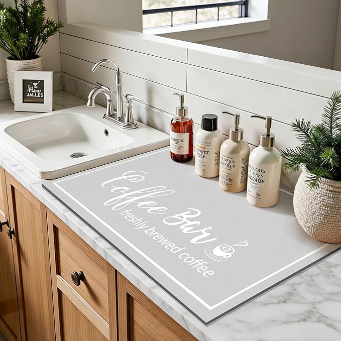 Findosom Dish Drying Mat, 12"x 20" Super Absorbent & Hide Stain Coffee Mat, Cuttable Drying Mat for Kitchen Counter, Coffee Bar Accessories, Under Dish Rack, Coffee Maker, Espresso Machine, LightGrey - Image 7