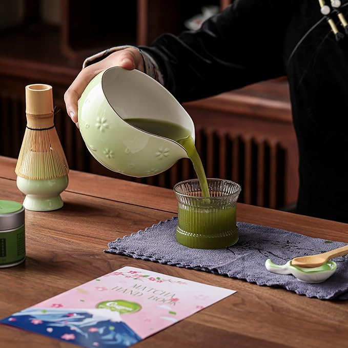 Clay&Fire Matcha Whisk Set, 9 pcs Ceramic Matcha Set, Gifts for Women,Matcha Bowl with Spout and Whisk, Matcha Kit for Matcha Lovers, Ideal Gift Christmas, Birthday, Anniversary (Cherry Bloom-Green) - Image 5