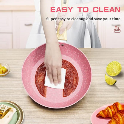 Frying Pan Nonstick, 11 Inch Pink Egg Pan, Non Stick Fry Pan 100% PTFE PFOA-Free Omelet Pan, Toxin-Free Skillets Stone Cookware, Anti-Warp Base with All Stove Tops Available, Induction Compatible - Image 3