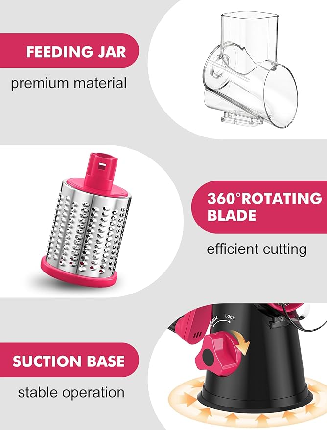 Cheese Grater Rotary, Rotary Grater for Kitchen, Kitchen Vegetable Slicer with 3 Drum Blades, Fast Cutting Cheese Shredder for Vegetables and Nuts (Black+Rosy, 3 BLADES) - Image 6