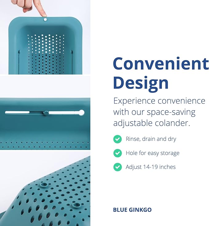 BLUE GINKGO Over the Sink Colander Strainer Basket - Wash Vegetables and Fruits, Drain Cooked Pasta and Dry Dishes - Extendable - New Home Kitchen Essentials (7.9 W x 14.5-19.5 L x 2.75 H) - Teal - Image 4