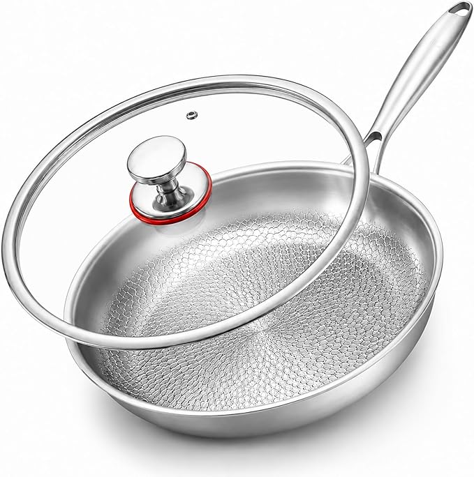 Titanium Hammered Pan Pro with Lid, PFAS/PFOA/PTFE-Free Non stick Titanium Frying Pan, Dishwasher & Oven Safe, Scratch Resistant, Even Heating Titanium skillet, Compatible With All Cooktops (12 inch)