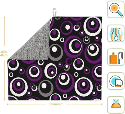 Purple White and Black Circle Pattern Dish Drying Mat, Absorbent Microfiber Decorative Kitchen Counter Mat, 16x18 inch Polyester, Absorption, Foldable, for Dishes Utensils Small Appliances, Home Decor