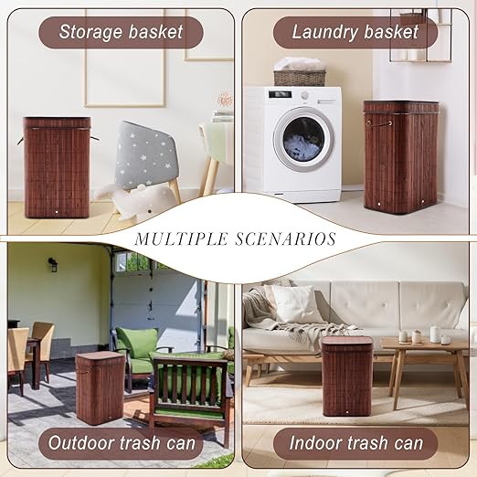 1 Pack 21 Gallon Bamboo Slim Trash Can with Lid Large Foldable Slim Rectangular Garbage Can Bamboo Waste Basket for Bathroom Bedroom Office Home Salon Spa (Brown)