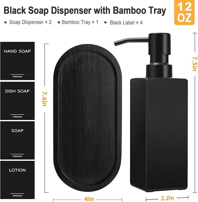 GMISUN Kitchen Soap Dispenser Set, Hand and Dish Soap Dispensers Set, Black Liquid Soap Dispenser with Tray, Refillable Dish Dispensers for Kitchen, Glass Soap Bottles with Stainless Steel Pump - Image 2