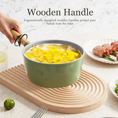 ROCKURWOK Ceramic Nonstick Sauce Pan with Lid, 1.5 Qt Small Pots for Cooking, Small Pot Wooden Handle for Cool Touch, Non Toxic & Pfas-Free Saucepan, Universal Base(Gas, Electric & Induction), Green - Image 4