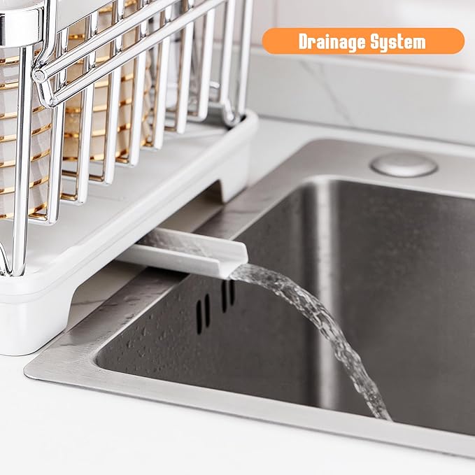 Dish Drying Rack for Kitchen Counter, Stainless Steel Dish Rack with Drainboard, Wooden Handles, Large Capacity Countertop Dish Rack for Plates, Bowls, Cups & Utensils