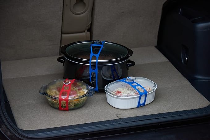 Lid Latch the reusable universal lid securing strap for crockpots, casserole dishes, pots, pans and more. Make it easy to transport your favorite dishes with one simple strap. (Polybag Red/Grey)