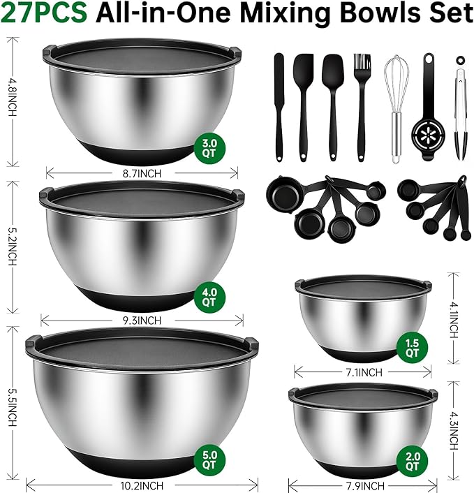 Deedro Premium Mixing Bowls with Airtight Lids Set, 22Pcs Thicker Stainless Steel Mixing Bowl Set, Large Prep Metal Bowls, Non-Slip Silicone Base Nesting Bowls for Kitchen, 1.5/2/3/4/5 QT, Black - Image 2