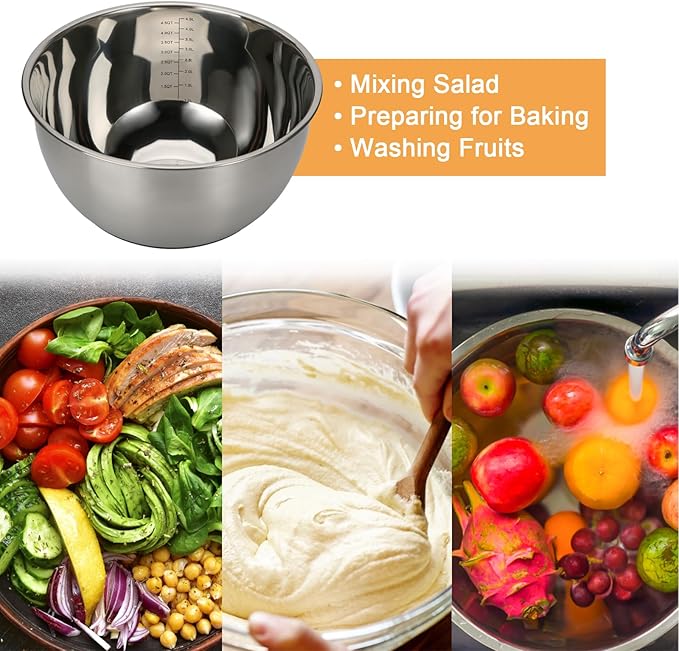 GreatChef Mixing Bowls Stainless Steel Set of 9-1.5, 3.0, 5QT Bowl and Graters, with Airtight Lids, Non-slip Base, Metal Nesting, Storage, Salad, Baking, Elegance in Every Mix & Serving - Image 4